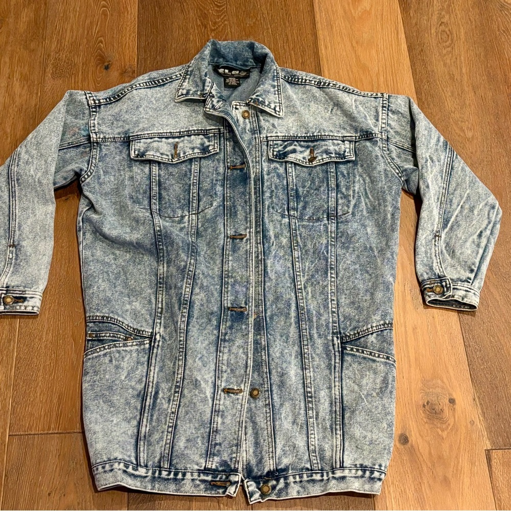 VINTAGE 80s Grunge ELCO Unisex Long Acid Wash Denim Jacket